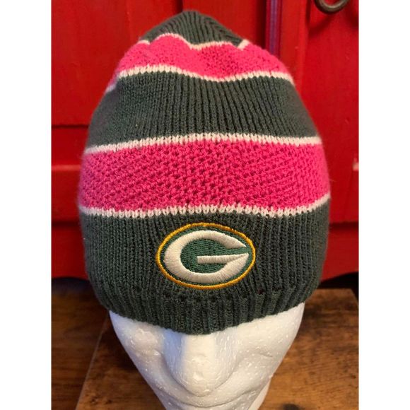 Reebok Team Apparel NFL Green Bay Breast Cancer Winter Cap Hat Pink Green EUC - Picture 1 of 3